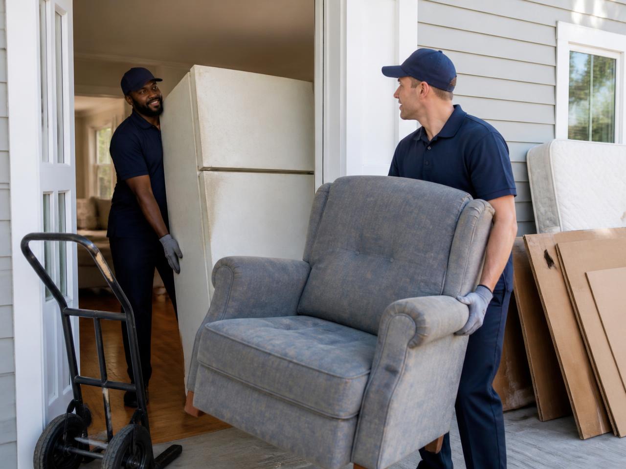 Uniformed crew carrying an old couch out of a home in Boulder, CO